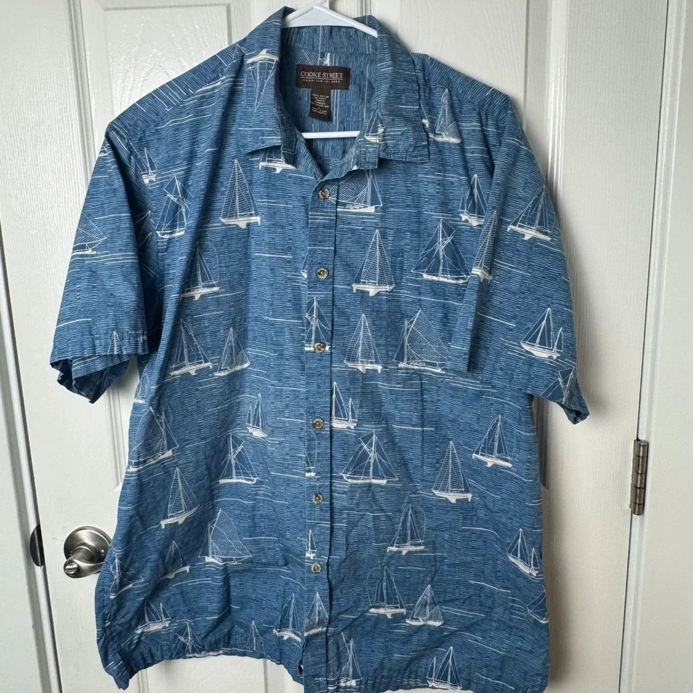 Cooke Street Button Down Shirt Mens L‎ Blue White Sailboat Nautical Print Cotton